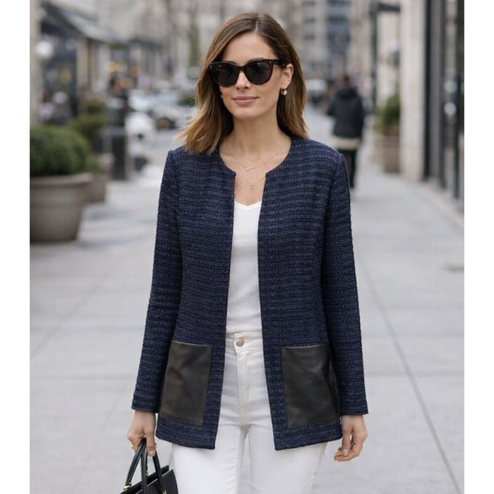 St. John Knits Sweater Cardigan Leather Pockets Wool Blend